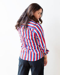 Frank & Eileen Barry Tailored Button Up Shirt in Red Blue Cream Stripe 3 - Bliss Boutiques