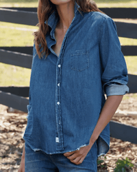 Frank & Eileen Eileen Relaxed Button-Up Shirt in Distressed Indigo Washed Denim 1 - Bliss Boutiques