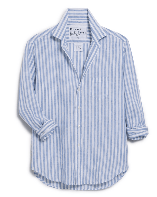 Frank & Eileen Eileen Relaxed Button Up Shirt in White & Blue Stripe Linen 