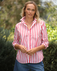 Frank & Eileen Eileen Relaxed Button-Up Shirt in White Red Stripe 1 - Bliss Boutiques