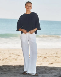 Frank & Eileen Madeline Patch Pocket Pull on Washed Linen Pant in White 2 - Bliss Boutiques