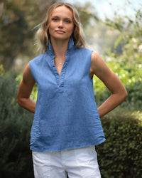Frank & Eileen Olivia Sleeveless Polo Shirt in Vintage Stonewashed Indigo 1 - Bliss Boutiques