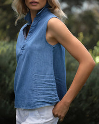 Frank & Eileen Olivia Sleeveless Polo Shirt in Vintage Stonewashed Indigo 2 - Bliss Boutiques
