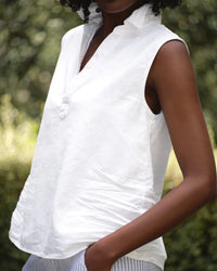 Frank & Eileen Olivia Sleeveless Polo Shirt in White Tattered Denim 2 - Bliss Boutiques