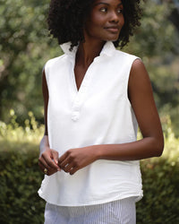 Frank & Eileen Olivia Sleeveless Polo Shirt in White Tattered Denim 1 - Bliss Boutiques