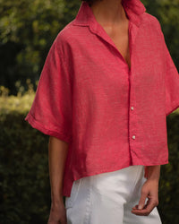Frank & Eileen Rosie Short Sleeve Button Up in Red Linen 3 - Bliss Boutiques