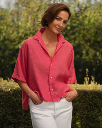 Frank & Eileen Rosie Short Sleeve Button Up in Red Linen 1 - Bliss Boutiques