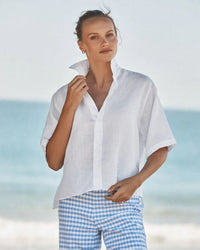 Frank & Eileen Rosie Short Sleeve Button Up in White Linen 1 - Bliss Boutiques
