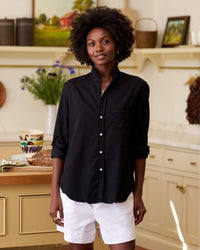 Frank & Eileen Ruffle Eileen Button Up in Black Distressed Famous Denim 