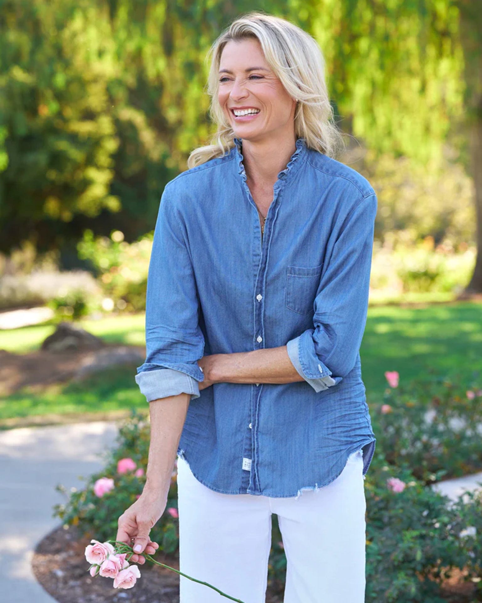 Ruffle Eileen Relaxed Button Up in Vintage Stonewashed Indigo