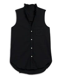 Frank & Eileen Ruffle Fiona Sleeveless Button Up Shirt in Black Distressed Famous Denim 
