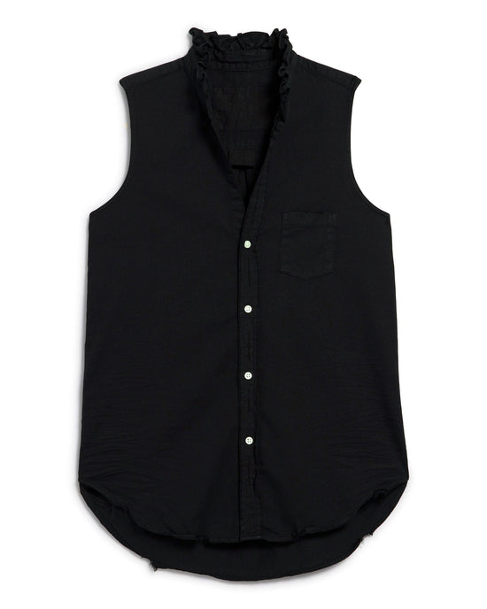 Frank & Eileen Ruffle Fiona Sleeveless Button Up Shirt in Black Distressed Famous Denim 