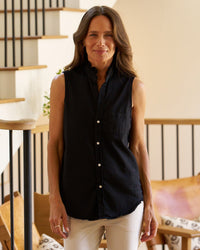 Frank & Eileen Ruffle Fiona Sleeveless Button Up Shirt in Black Distressed Famous Denim 