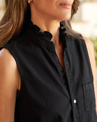 Frank & Eileen Ruffle Fiona Sleeveless Button Up Shirt in Black Distressed Famous Denim 