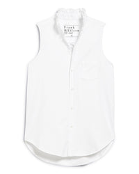 Frank & Eileen Ruffle Fiona Sleeveless Button Up Shirt in White Distressed Famous Denim 