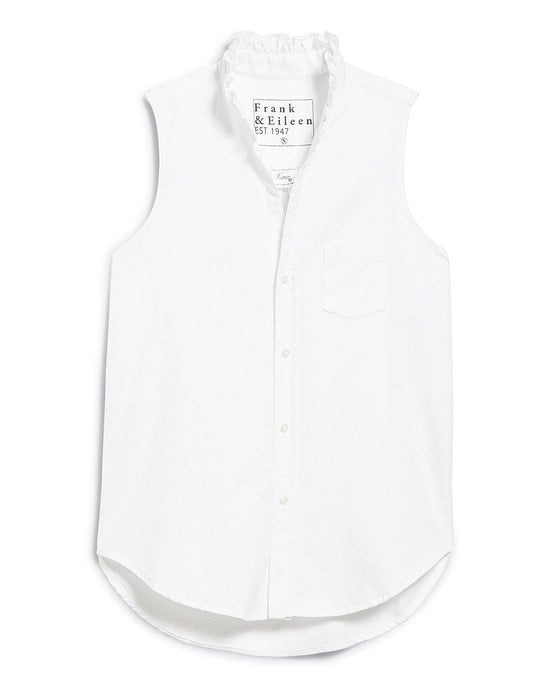Frank & Eileen Ruffle Fiona Sleeveless Button Up Shirt in White Distressed Famous Denim 