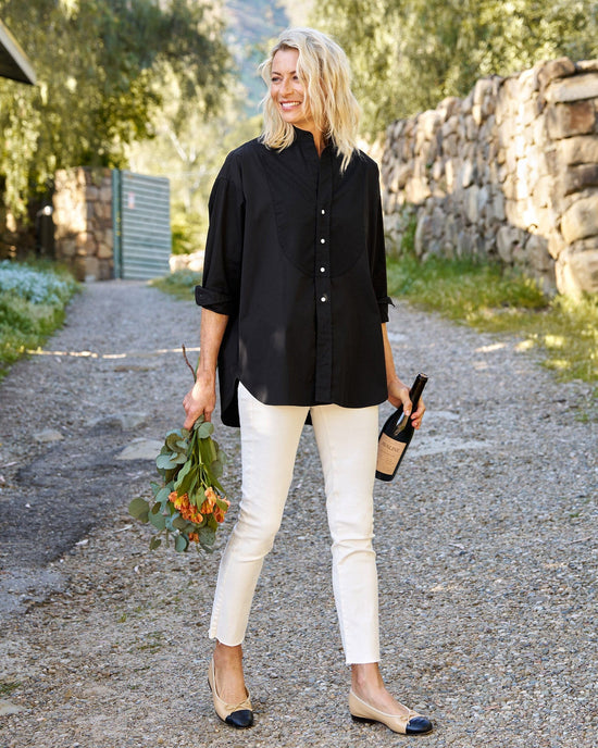 Frank & Eileen Victoria Collarless Button Up in Black w/ Black Bib 