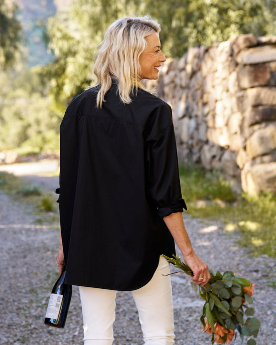 Frank & Eileen Victoria Collarless Button Up in Black w/ Black Bib 