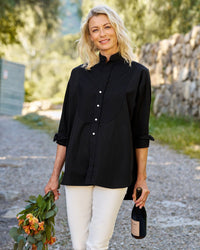 Frank & Eileen Victoria Collarless Button Up in Black w/ Black Bib 