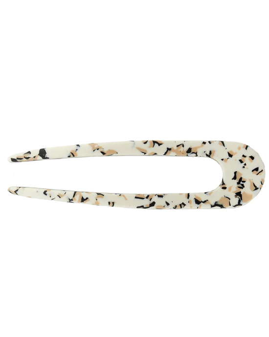 French Hair Pin in Terrazzo by Machete, crafted from Italian acetate with a tortoiseshell pattern on a white background.
