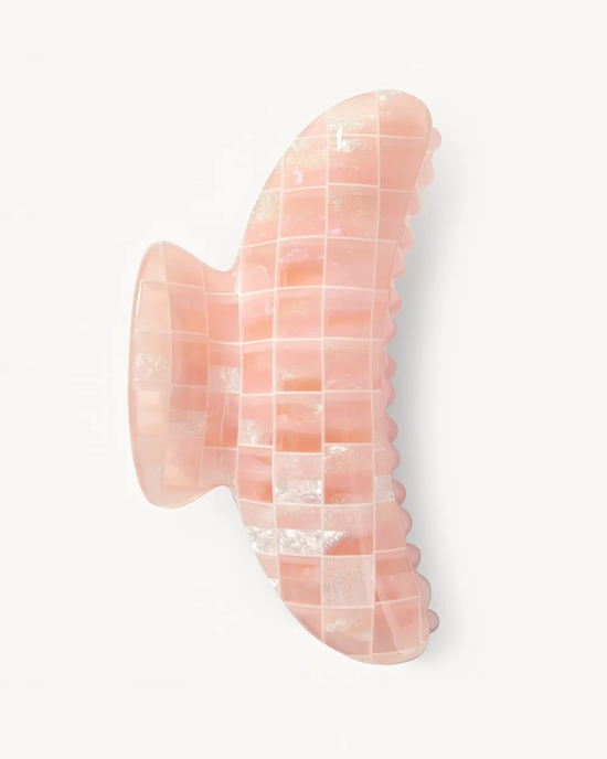 Italian acetate Machete Grande Heirloom Claw in Apricot Shell Checker hair clip shaped like a pink butterfly on a white background.