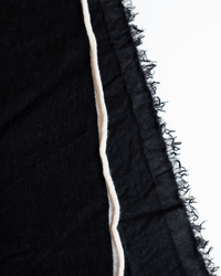 Close-up of the Grisal Rosa Mini in Black X Milk scarf, showcasing frayed edges and an uneven white seam running vertically near the fringe, set against a white background.