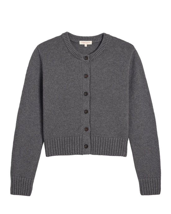 The Hallie Cotton Cashmere Cardigan in Dark Heather Grey by Demylee is a cropped, button-front cardigan inspired by the brand’s classic style.