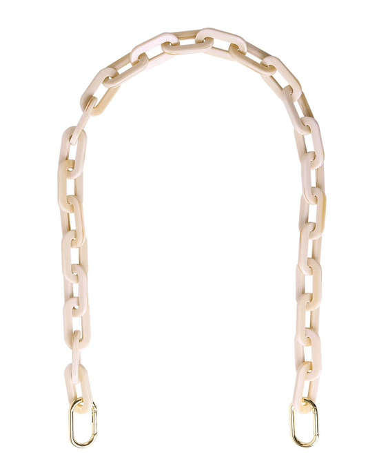 Ivory-colored Italian acetate chain forming an arch with metal clasps at both ends, ideal as a replacement handbag strap. 
Handbag Chain in Alabaster by Machete.