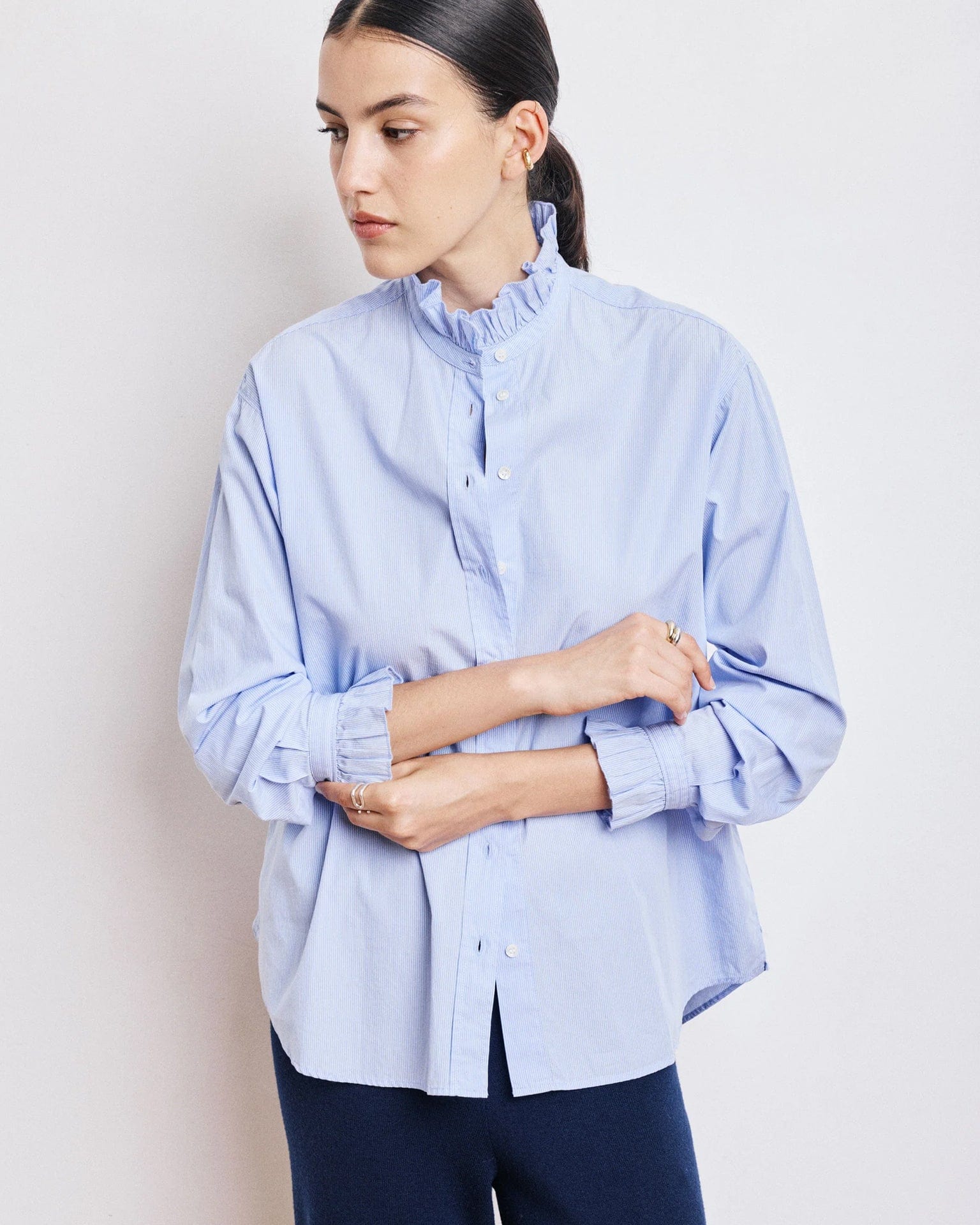 Chana Ruffle Collar Blouse in Light Blue