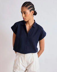 Hartford Teno Short Sleeve Button Up in Navy 