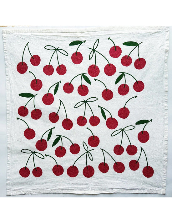 Julie Peach Glitter Cherries on White Tea Towel 