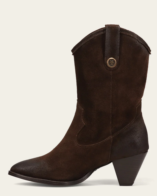 A single dark brown FRYE June Western cowboy boot with a pointed toe and stacked heel against a neutral background.