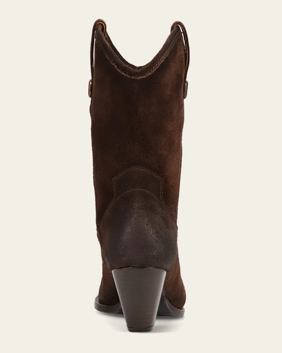 Rear view of a FRYE June Western in Chocolate cowboy boot showing the heel and pull straps.