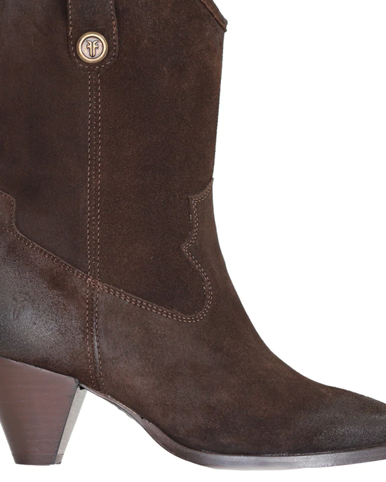 A close-up of a FRYE June Western in Chocolate leather cowboy boot with a small emblem on the side.