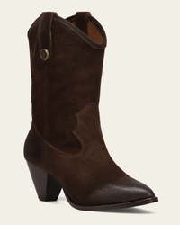 A single dark brown FRYE June Western cowgirl boot with a pointed toe and a low heel.