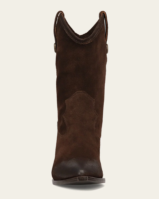 June Western in Chocolate cowboy boot by FRYE displayed against a white background.