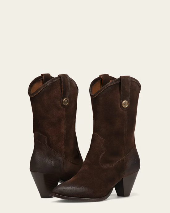 A pair of brown FRYE June Western leather boots with pointed toes and small heels, displayed against a neutral background.