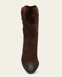 June Western in Chocolate Brown suede ankle boot with a stacked heel and a pointed toe design by FRYE.