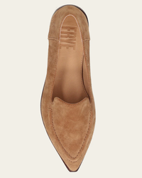 Top view of a FRYE Kenzie Moc Stitch in Almond suede leather loafer with a pointy-toe flat design.