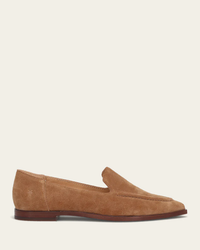 A single FRYE Kenzie Moc Stitch in Almond suede leather loafer against a white background.