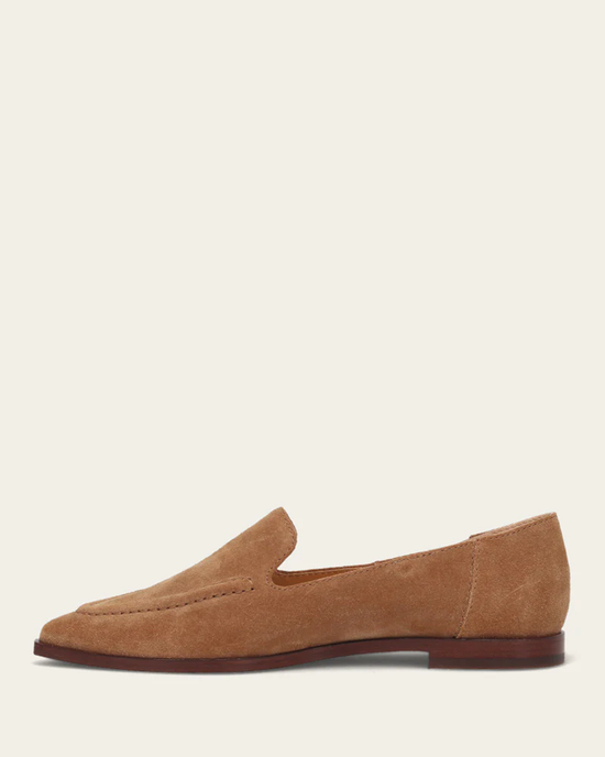 A single brown suede leather Kenzie Moc Stitch loafer by FRYE on a white background.