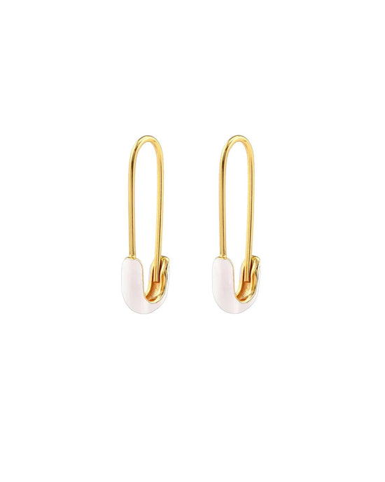 Kris Nations Jewelry Safety Pin Enamel Hoop Earrings in White & 18K Gold Vermeil