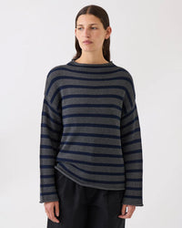 Demylee Clothing Lamis Stripe Cotton Sweater in Charcoal Heather / Navy