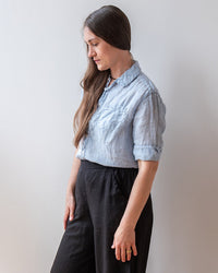 LLEA BLUE Aven 3/4 Sleeve Top in Aqua Chambray Linen 3 - Bliss Boutiques