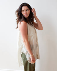 LLEA BLUE Calle Slvlss Button Down in Oat Cotton Silk 5 - Bliss Boutiques