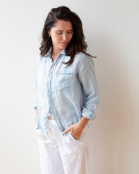 LLEA BLUE Hadley Shirt in Aqua Chambray Linen 2 - Bliss Boutiques