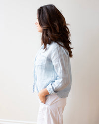LLEA BLUE Hadley Shirt in Aqua Chambray Linen 3 - Bliss Boutiques