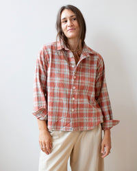 LLEA BLUE Lili No Pkt Shirt in Coral & Light Blue Plaid 1 - Bliss Boutiques