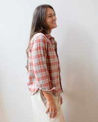 LLEA BLUE Lili No Pkt Shirt in Coral & Light Blue Plaid 2 - Bliss Boutiques