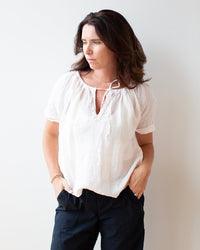 LLEA BLUE Nonda Peasant Shirt in Bermuda Sand Linen 1 - Bliss Boutiques